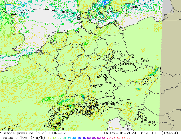 Isotachs (kph) ICON-D2 Th 06.06.2024 18 UTC