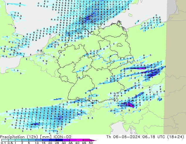 Precipitation (12h) ICON-D2 Th 06.06.2024 18 UTC