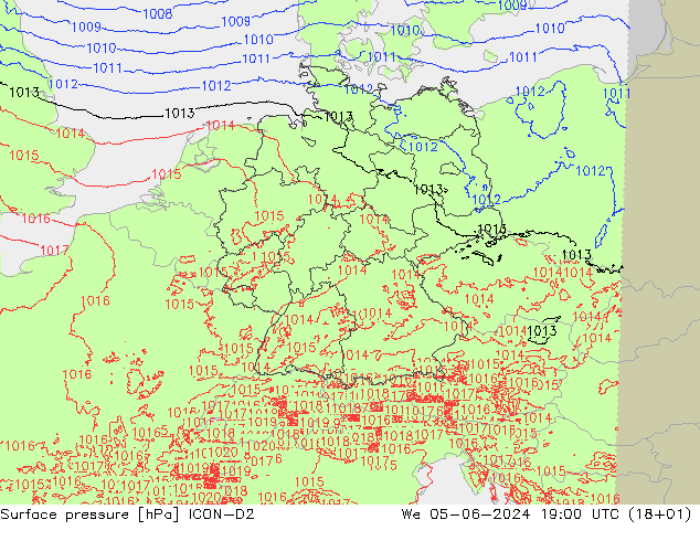 Surface pressure ICON-D2 We 05.06.2024 19 UTC