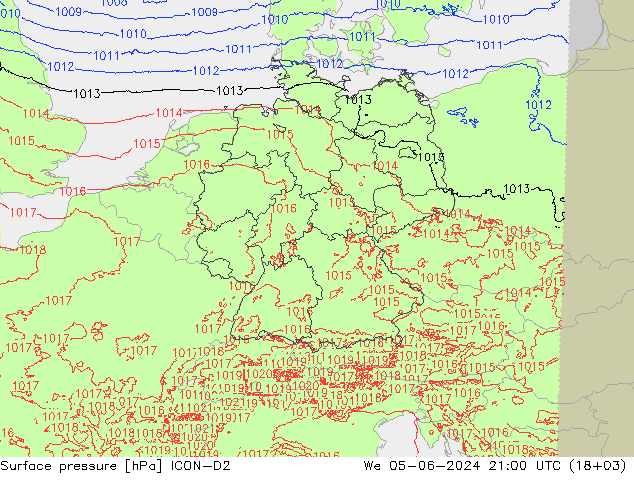 Presión superficial ICON-D2 mié 05.06.2024 21 UTC