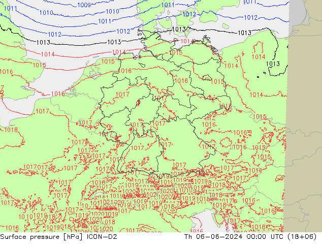 Presión superficial ICON-D2 jue 06.06.2024 00 UTC