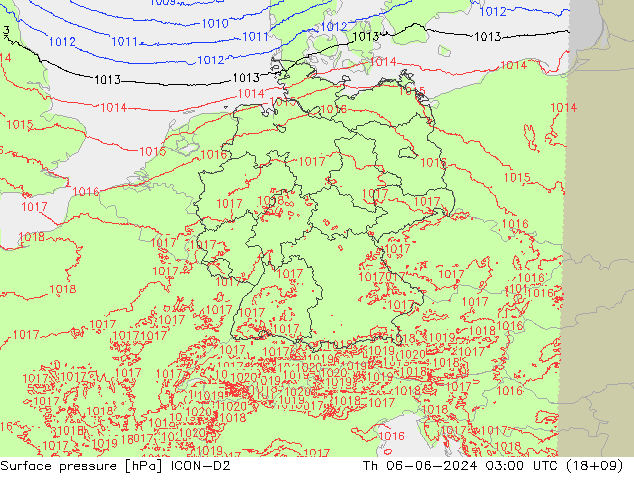 Surface pressure ICON-D2 Th 06.06.2024 03 UTC