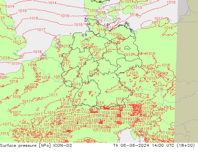 Presión superficial ICON-D2 jue 06.06.2024 14 UTC