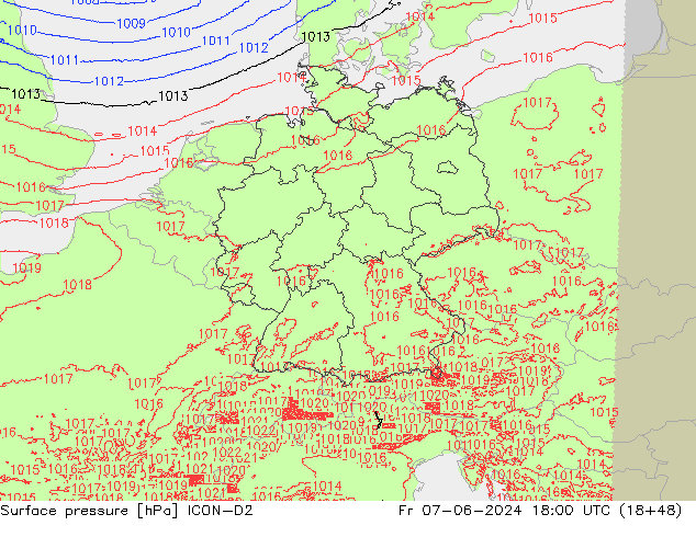 Atmosférický tlak ICON-D2 Pá 07.06.2024 18 UTC