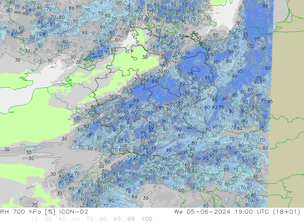 RH 700 hPa ICON-D2 Mi 05.06.2024 19 UTC