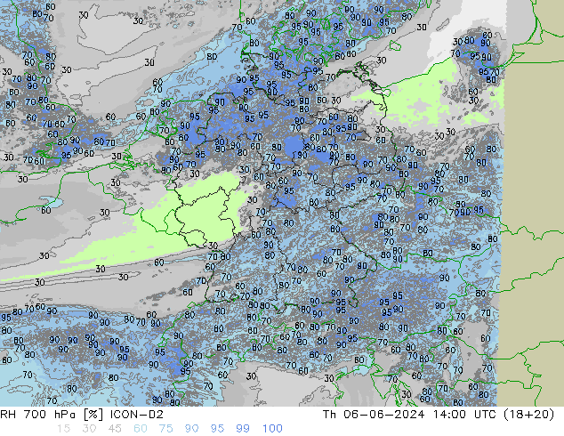 RH 700 hPa ICON-D2 Qui 06.06.2024 14 UTC