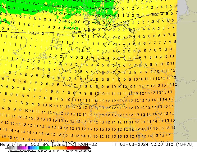 Height/Temp. 850 hPa ICON-D2 Do 06.06.2024 00 UTC