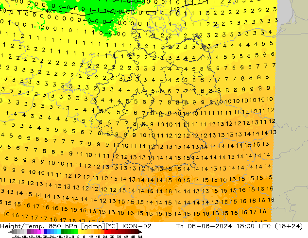 Height/Temp. 850 hPa ICON-D2 czw. 06.06.2024 18 UTC