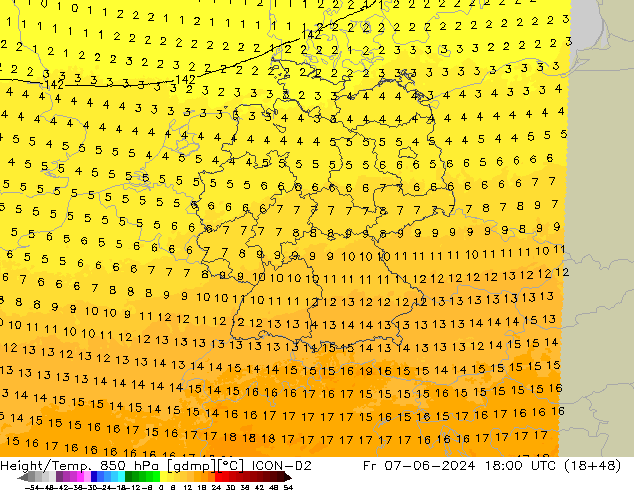 Hoogte/Temp. 850 hPa ICON-D2 vr 07.06.2024 18 UTC