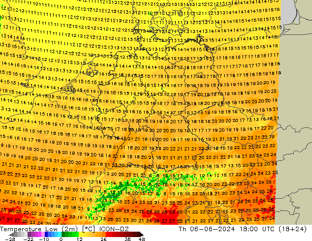 Temperature Low (2m) ICON-D2 Th 06.06.2024 18 UTC