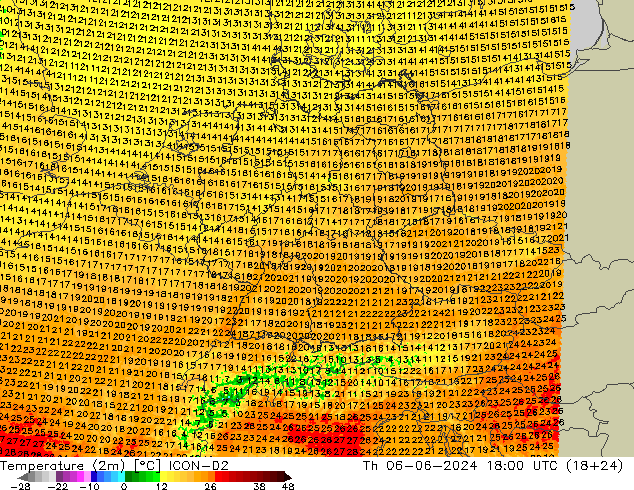 mapa temperatury (2m) ICON-D2 czw. 06.06.2024 18 UTC