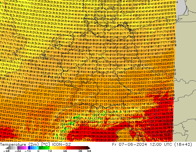 mapa temperatury (2m) ICON-D2 pt. 07.06.2024 12 UTC