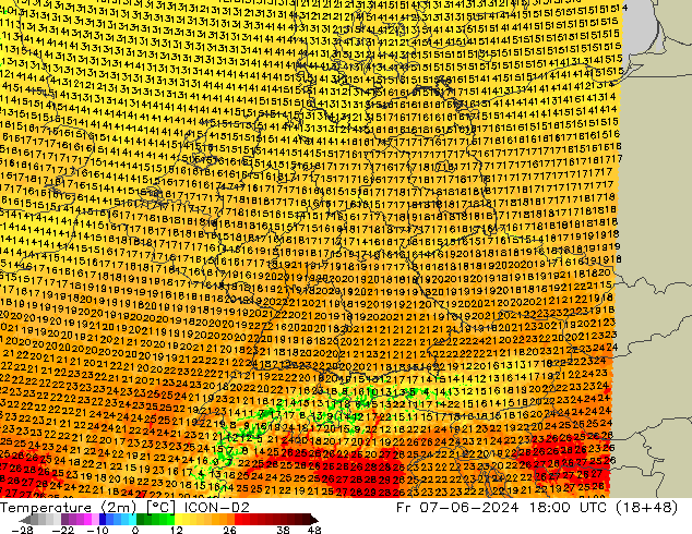 Temperature (2m) ICON-D2 Fr 07.06.2024 18 UTC