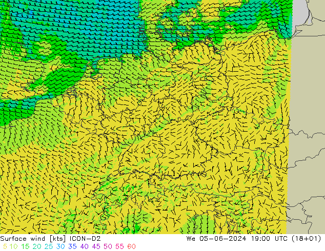 Surface wind ICON-D2 St 05.06.2024 19 UTC