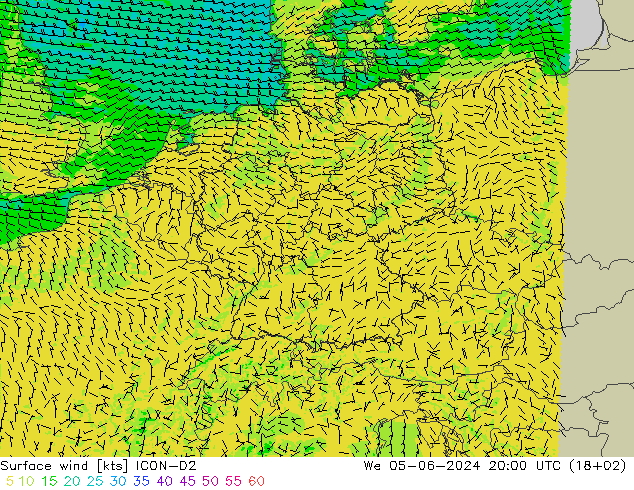 Viento 10 m ICON-D2 mié 05.06.2024 20 UTC