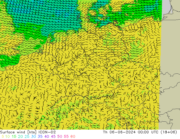 Surface wind ICON-D2 Th 06.06.2024 00 UTC