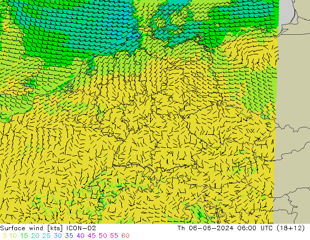 Wind 10 m ICON-D2 do 06.06.2024 06 UTC