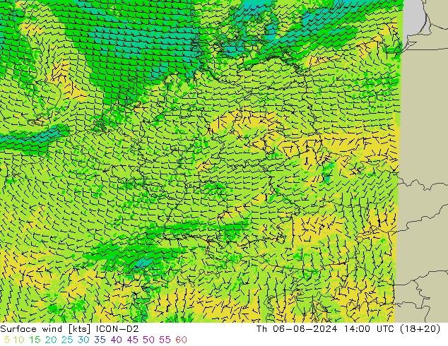 wiatr 10 m ICON-D2 czw. 06.06.2024 14 UTC