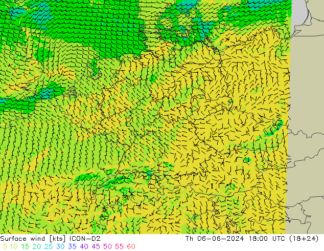 Bodenwind ICON-D2 Do 06.06.2024 18 UTC