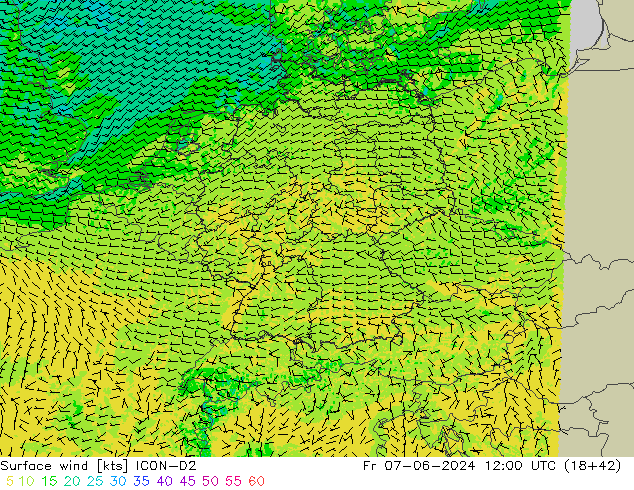 Surface wind ICON-D2 Fr 07.06.2024 12 UTC