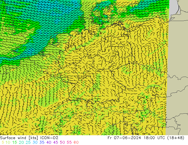 wiatr 10 m ICON-D2 pt. 07.06.2024 18 UTC