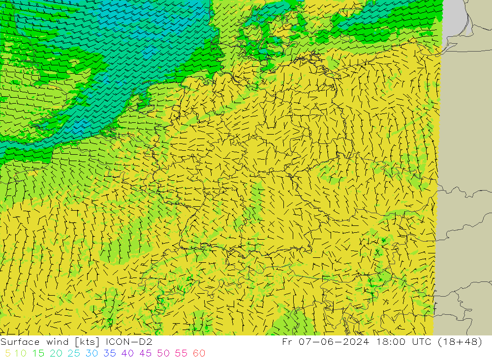 Vento 10 m ICON-D2 ven 07.06.2024 18 UTC