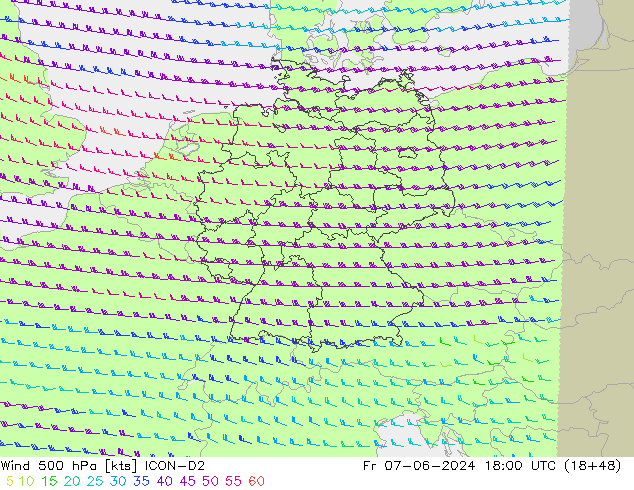 Wind 500 hPa ICON-D2 Fr 07.06.2024 18 UTC