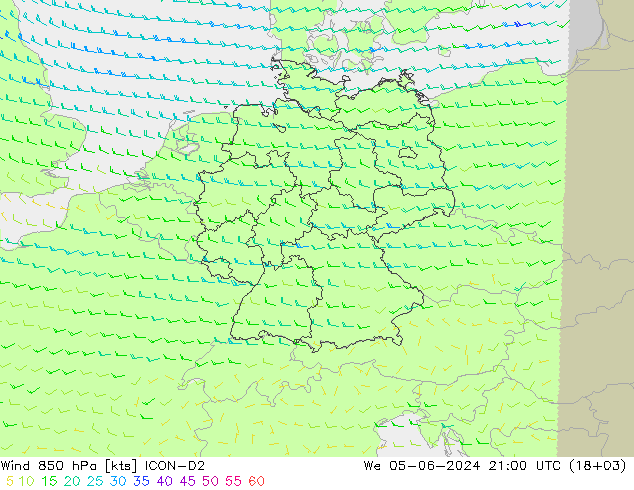 Wind 850 hPa ICON-D2 Mi 05.06.2024 21 UTC