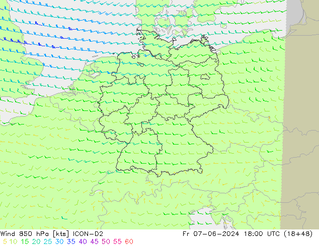 Wind 850 hPa ICON-D2 Pá 07.06.2024 18 UTC