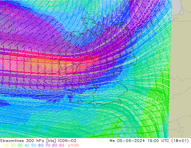 Stroomlijn 300 hPa ICON-D2 wo 05.06.2024 19 UTC