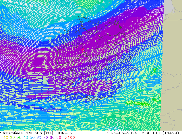 Línea de corriente 300 hPa ICON-D2 jue 06.06.2024 18 UTC