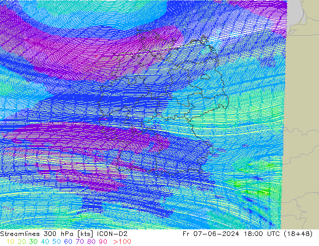 ветер 300 гПа ICON-D2 пт 07.06.2024 18 UTC