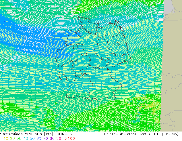 Streamlines 500 hPa ICON-D2 Fr 07.06.2024 18 UTC