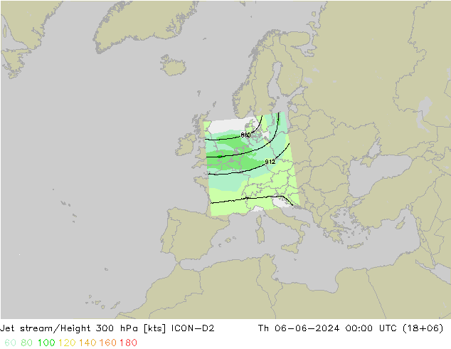 Jet stream/Height 300 hPa ICON-D2 Th 06.06.2024 00 UTC