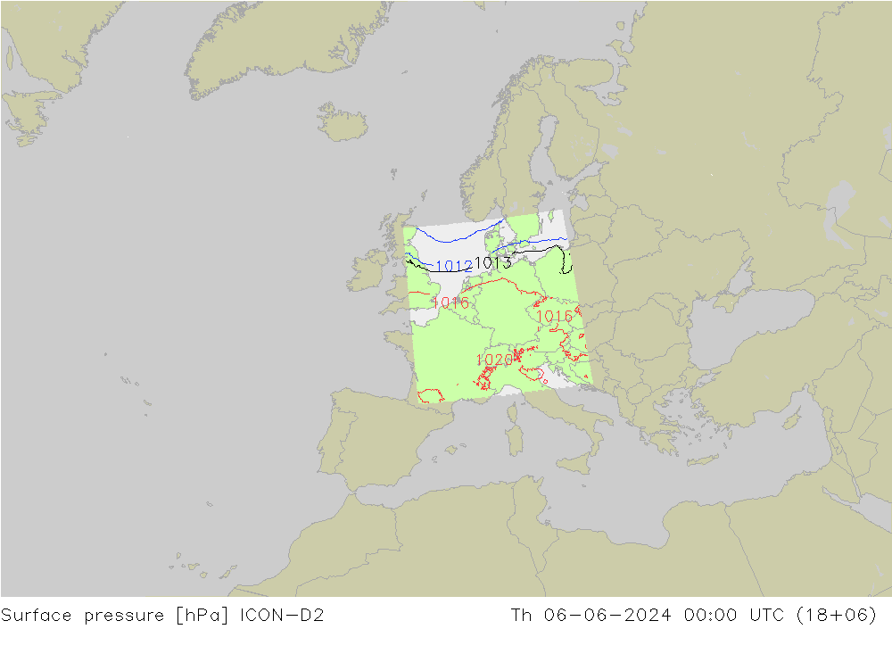 Pressione al suolo ICON-D2 gio 06.06.2024 00 UTC