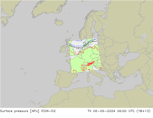 Surface pressure ICON-D2 Th 06.06.2024 06 UTC