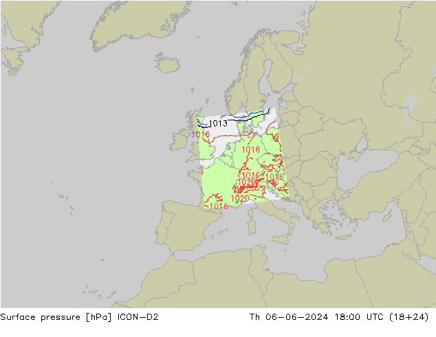 Atmosférický tlak ICON-D2 Čt 06.06.2024 18 UTC