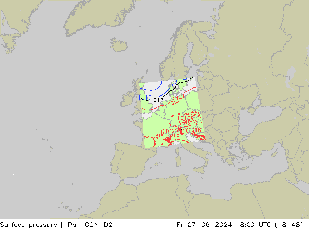 Atmosférický tlak ICON-D2 Pá 07.06.2024 18 UTC