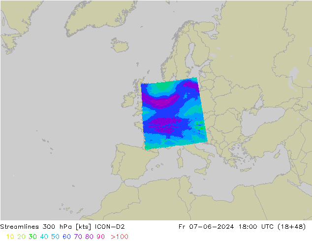 Stromlinien 300 hPa ICON-D2 Fr 07.06.2024 18 UTC