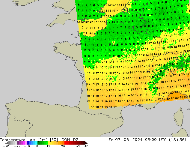 temperatura mín. (2m) ICON-D2 Sex 07.06.2024 06 UTC