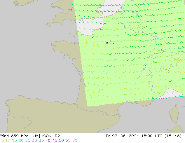 Wind 850 hPa ICON-D2 Fr 07.06.2024 18 UTC