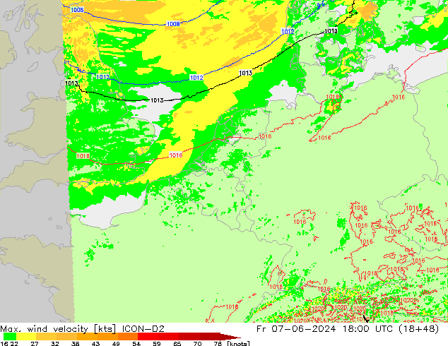 Max. wind velocity ICON-D2 Sex 07.06.2024 18 UTC