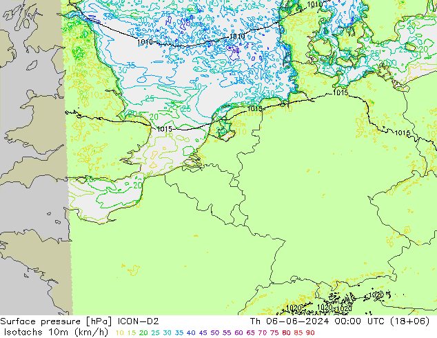 Isotachs (kph) ICON-D2 Čt 06.06.2024 00 UTC