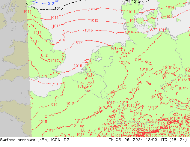 Presión superficial ICON-D2 jue 06.06.2024 18 UTC