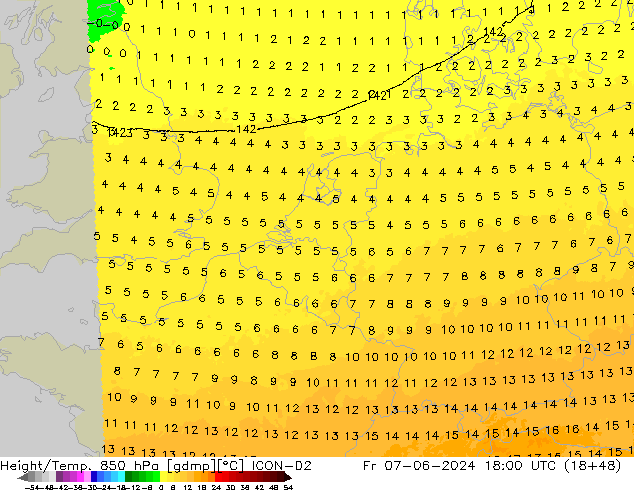 Géop./Temp. 850 hPa ICON-D2 ven 07.06.2024 18 UTC