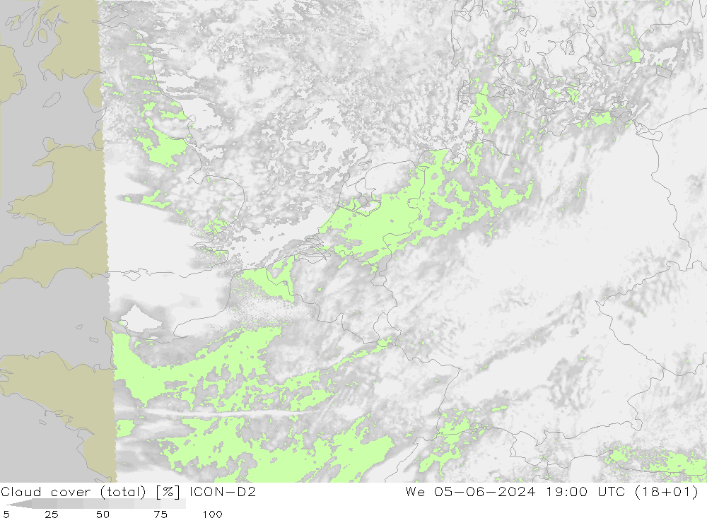 Nubes (total) ICON-D2 mié 05.06.2024 19 UTC