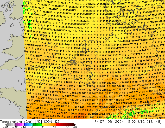 Sıcaklık Haritası (2m) ICON-D2 Cu 07.06.2024 18 UTC