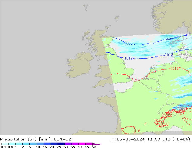 Precipitation (6h) ICON-D2 Čt 06.06.2024 00 UTC