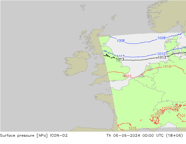Presión superficial ICON-D2 jue 06.06.2024 00 UTC