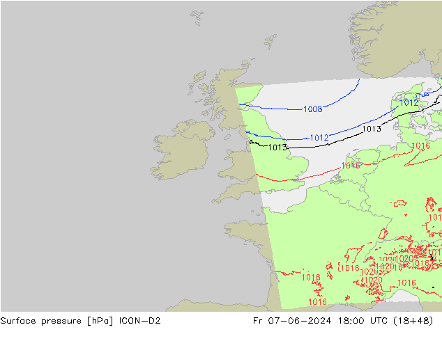 Atmosférický tlak ICON-D2 Pá 07.06.2024 18 UTC